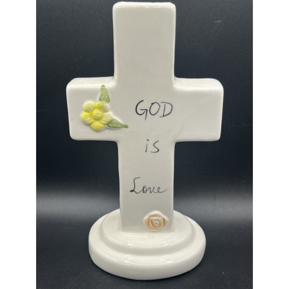 White Porcelain Cross Vase w/ Yellow Flower & 'God Is‎ Love' Religious
